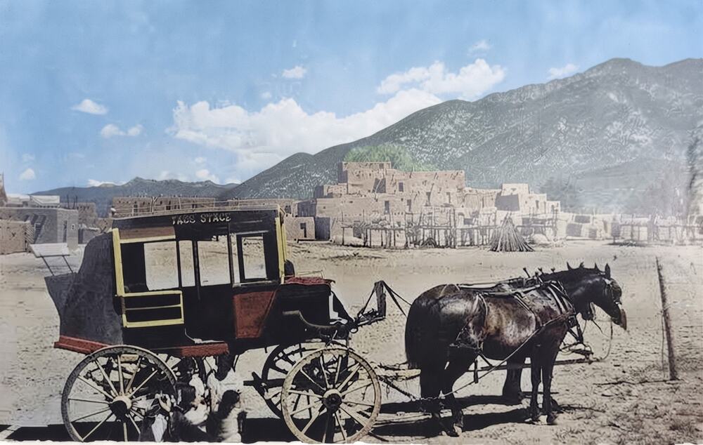 Vintage Postcard Taos New Mexico Indian Pueblo Village Stagecoach Horses Plastic